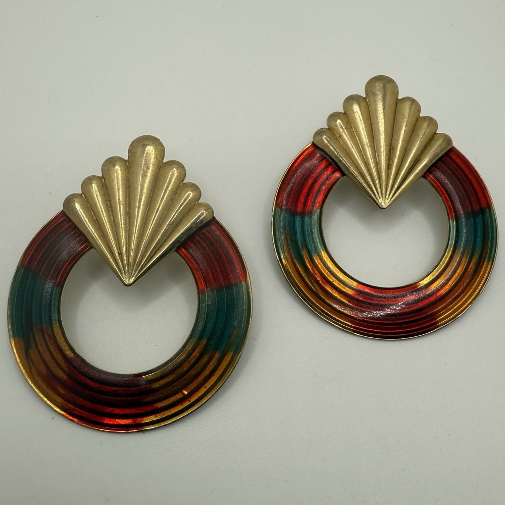 Vintage Earrings‎ Gold Tone Door Knocker Art Deco Style Christmas Enamel Large